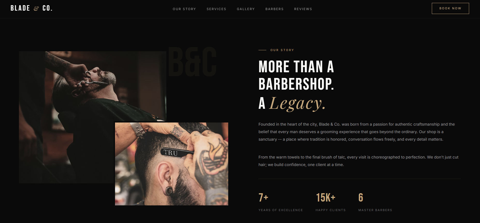 BLADE & CO. — главная страница лендинга барбершопа