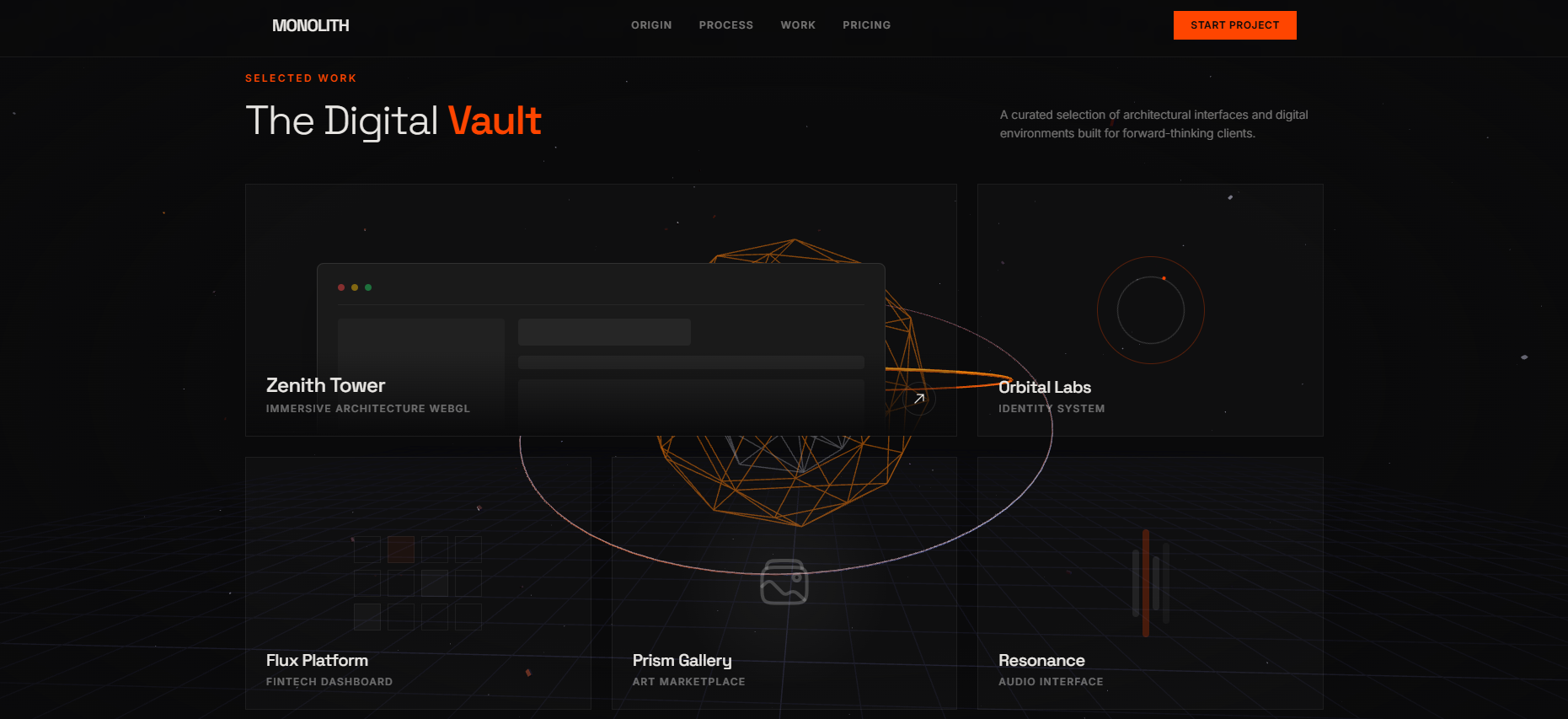 MONOLITH — портфолио проектов с горизонтальным скроллом и bento-раскладкой